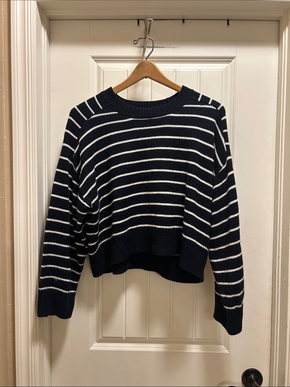 Tahari Navy and White Striped Crewneck cropped Sweater